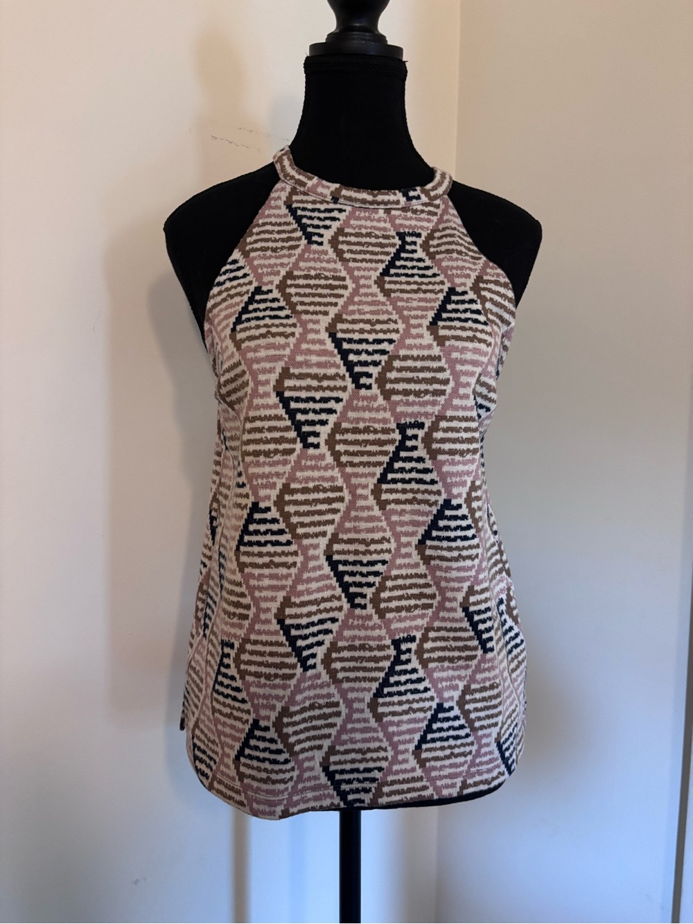 Anthropologie Pink, Black & Brown Geometric Knit Halter Top